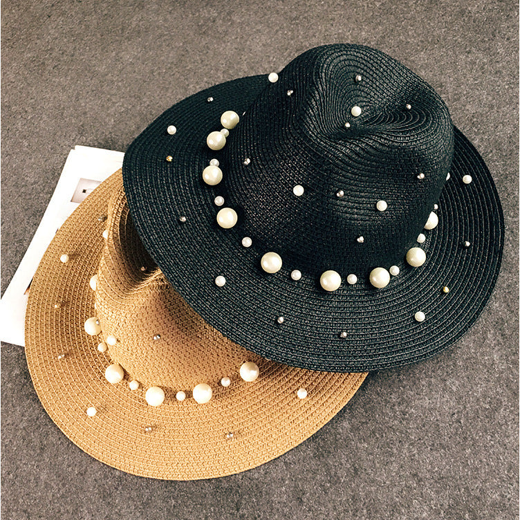 Outdoor Beach Flat Brim Straw Pearl Beaded Hat