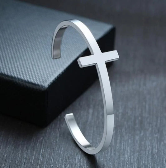 Classic Christian Side Jesus Cross Simple Cuff Bracelet