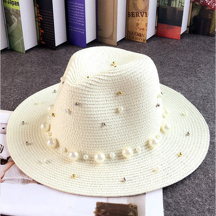 Outdoor Beach Flat Brim Straw Pearl Beaded Hat